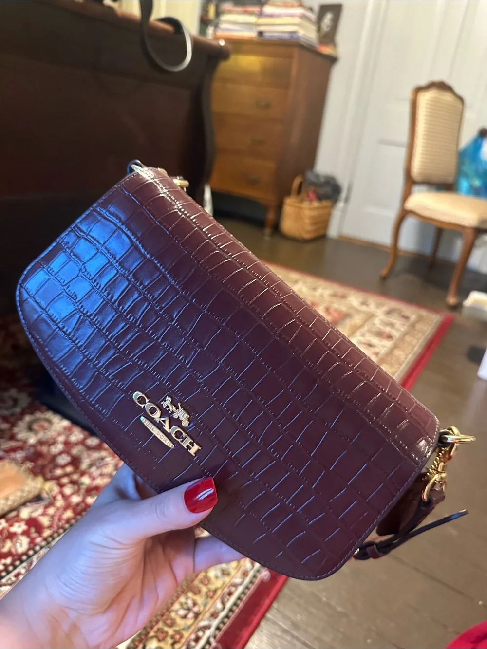 Coach Burgundy Croc-Embossed Leather Crossbody with Gold Hardware